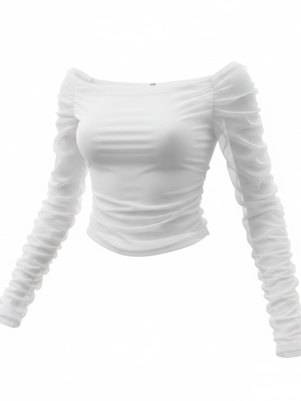 Princess Polly White Off-Shoulder Ruched Mesh Long Sleeve Top